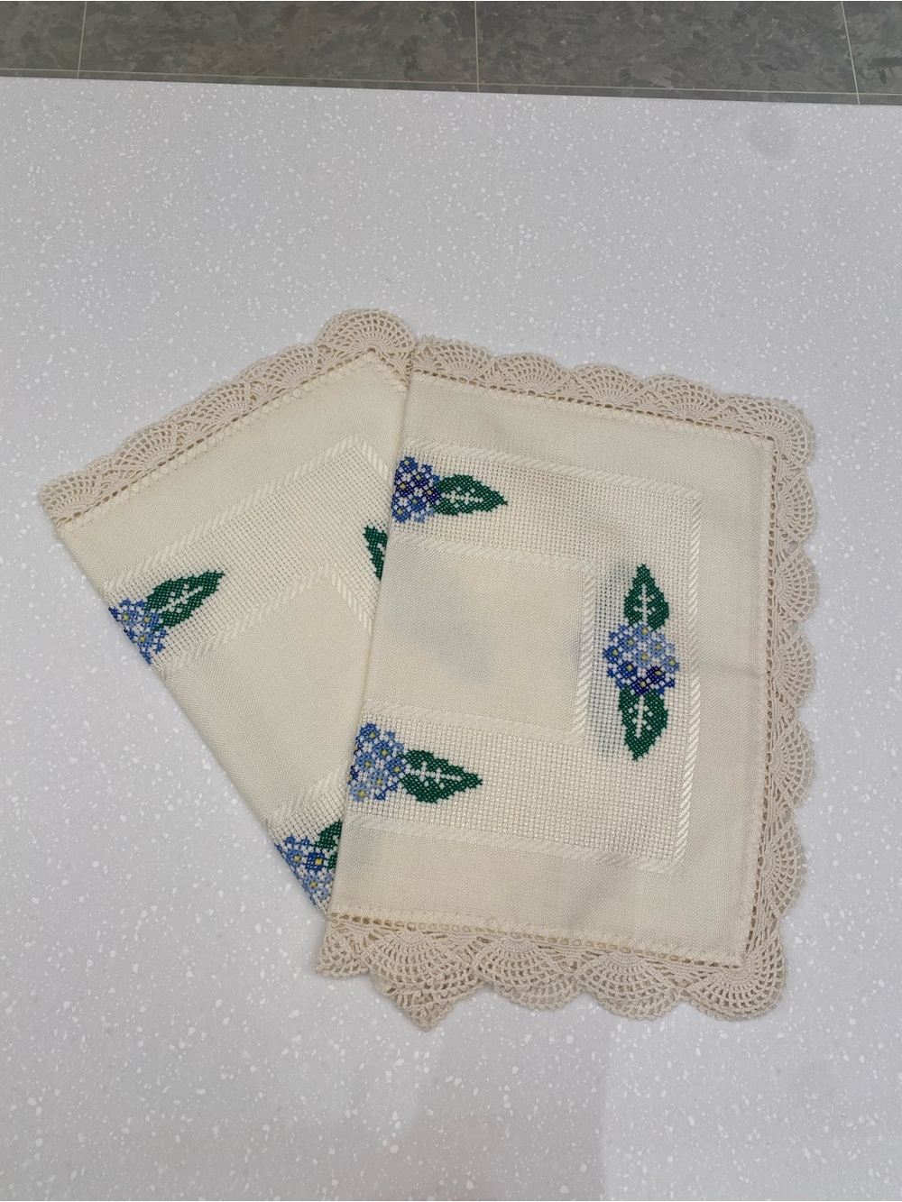 Vintage Handmade Cream Cross-Stitch Floral Doily/ placemat Set with Blue Flowers